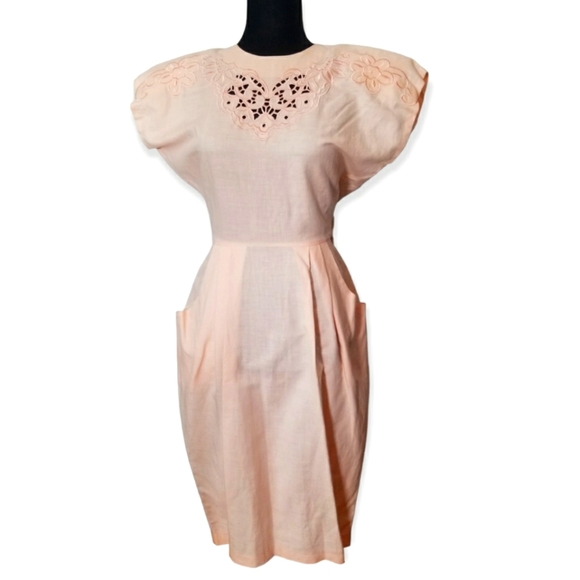 Vintage Dresses & Skirts - Vintage 80s does 40s Peach Open Back Dress with Cutouts XS/S